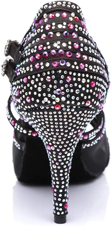 JUODVMP Ballroom Dance Shoes Women Latin Dance Shoes with Rhinestone
