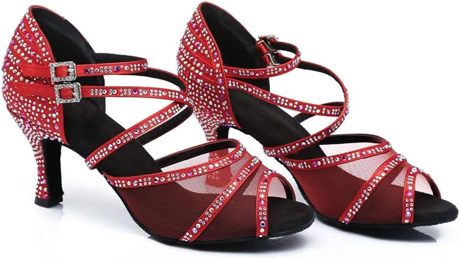 JUODVMP Ballroom Dance Shoes Women Latin Dance Shoes with Rhinestone