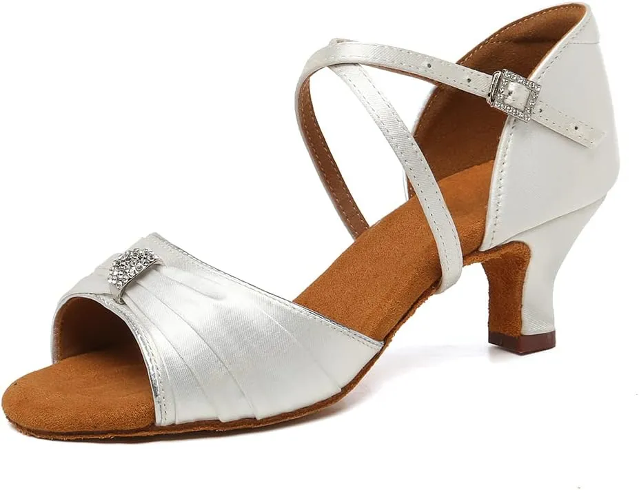 JUODVMP Latin Ballroom Dance Shoes Women Professional Dancing Heels Practice Heels 2inch,Model3037,White 6.5US