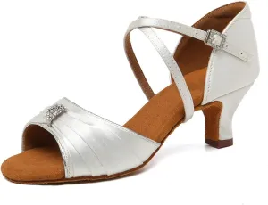 JUODVMP Latin Ballroom Dance Shoes Women Professional Dancing Heels Practice Heels 2inch,Model3037,White 6.5US