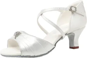 JUODVMP Latin Ballroom Dance Shoes Women Professional Dancing Heels Practice Heels 2inch,Model3037,White 8US