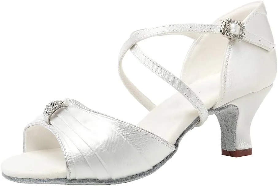 JUODVMP Latin Ballroom Dance Shoes Women Professional Dancing Heels Practice Heels 2inch,Model3037,White 8US