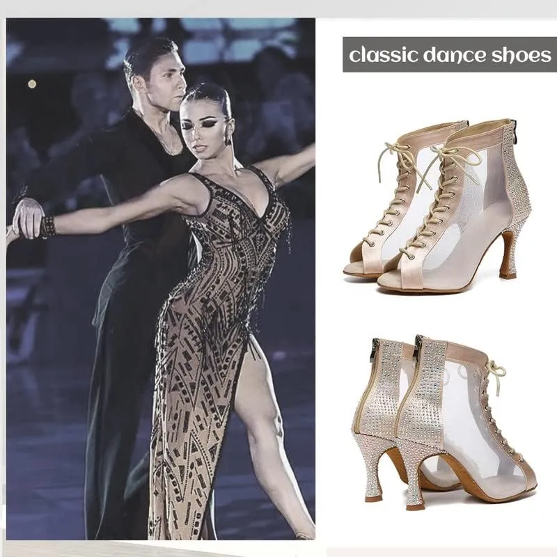 JUODVMP Women Mesh Dance Boots Open Toe Ballroom Dance Shoes Practice Performance Heels,with Rhinestones
