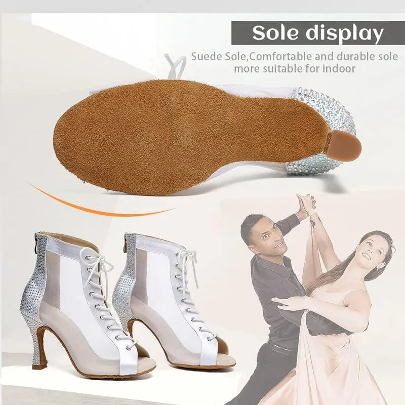 JUODVMP Women Mesh Dance Boots Open Toe Ballroom Dance Shoes Practice Performance Heels,with Rhinestones
