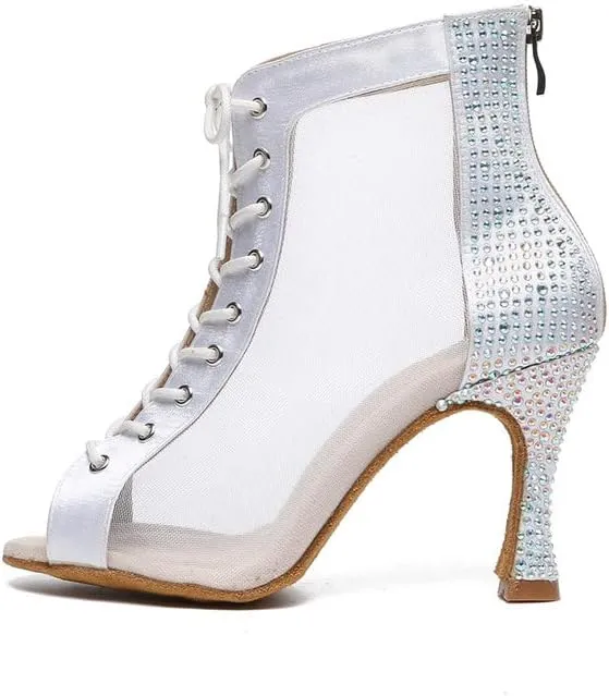 JUODVMP Women Mesh Dance Boots Open Toe Ballroom Dance Shoes Practice Performance Heels,with Rhinestones