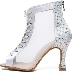 JUODVMP Women Mesh Dance Boots Open Toe Ballroom Dance Shoes Practice Performance Heels,with Rhinestones