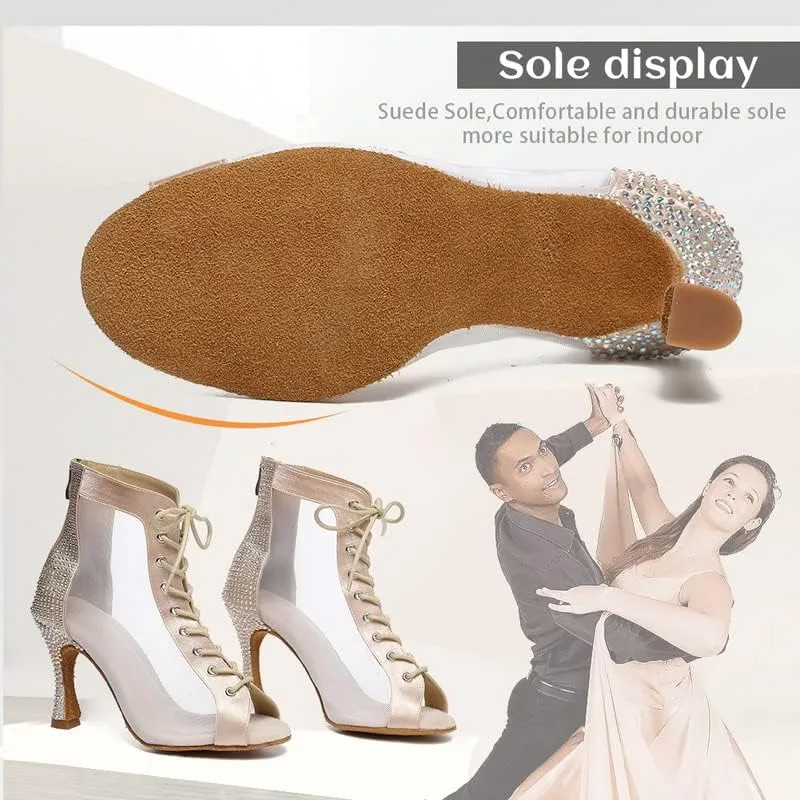 JUODVMP Women Mesh Dance Boots Open Toe Ballroom Dance Shoes Practice Performance Heels,with Rhinestones