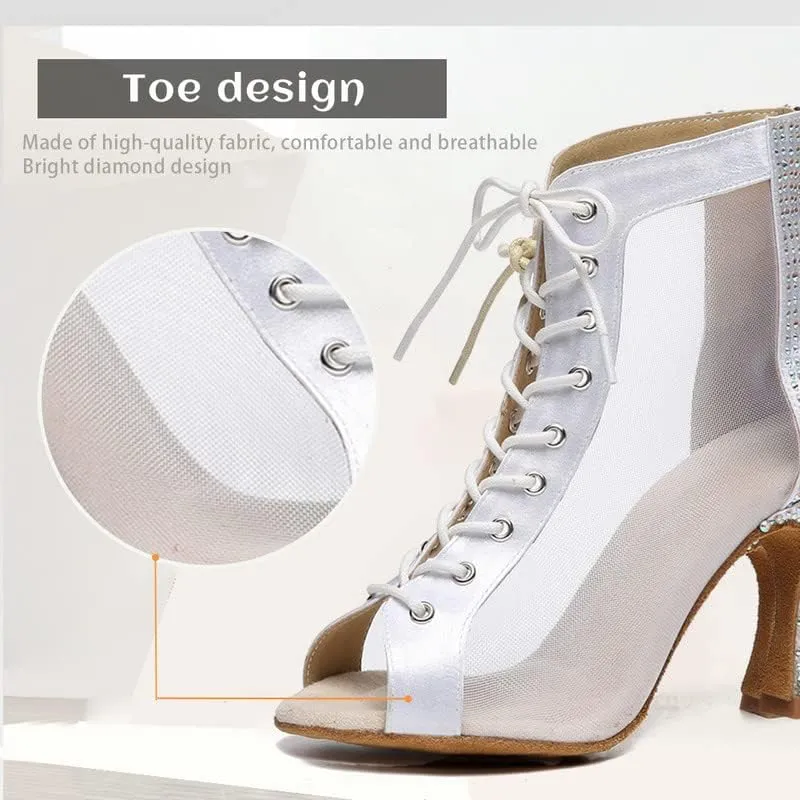 JUODVMP Women Mesh Dance Boots Open Toe Ballroom Dance Shoes Practice Performance Heels,with Rhinestones