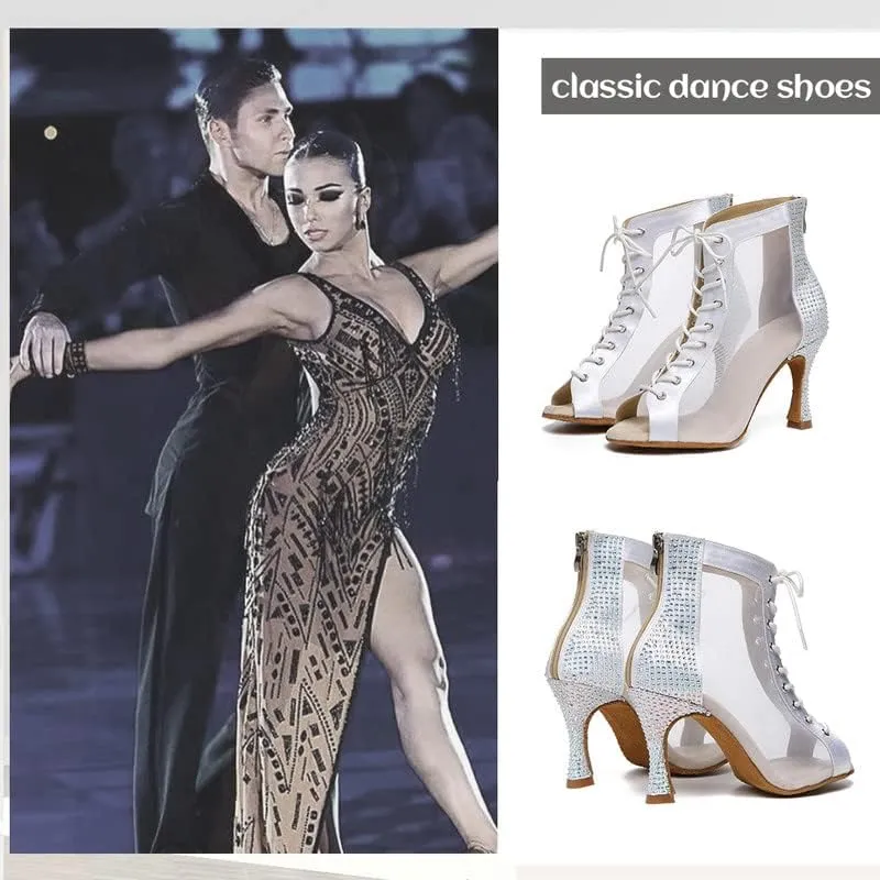 JUODVMP Women Mesh Dance Boots Open Toe Ballroom Dance Shoes Practice Performance Heels,with Rhinestones
