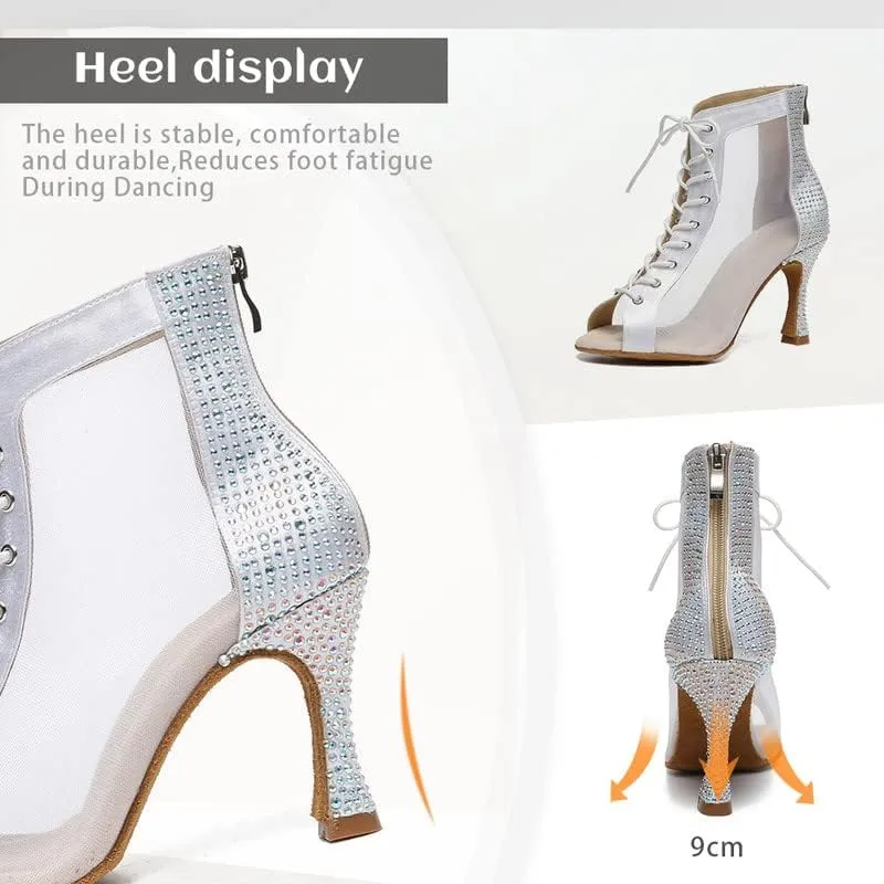 JUODVMP Women Mesh Dance Boots Open Toe Ballroom Dance Shoes Practice Performance Heels,with Rhinestones