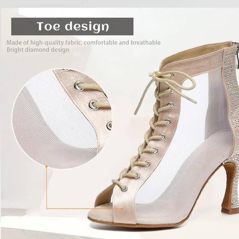 JUODVMP Women Mesh Dance Boots Open Toe Ballroom Dance Shoes Practice Performance Heels,with Rhinestones