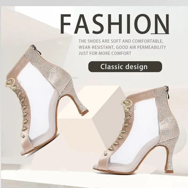 JUODVMP Women Mesh Dance Boots Open Toe Ballroom Dance Shoes Practice Performance Heels,with Rhinestones
