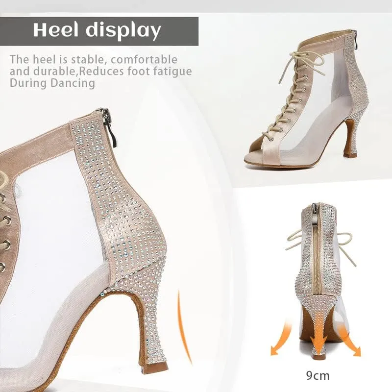 JUODVMP Women Mesh Dance Boots Open Toe Ballroom Dance Shoes Practice Performance Heels,with Rhinestones