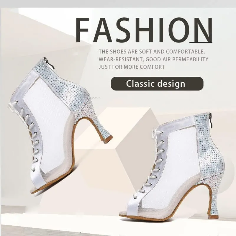 JUODVMP Women Mesh Dance Boots Open Toe Ballroom Dance Shoes Practice Performance Heels,with Rhinestones