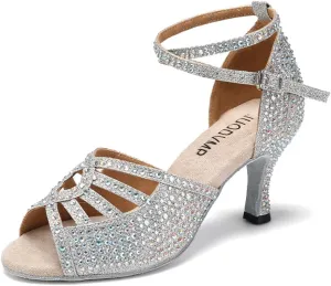 JUODVMP Women's Latin Dance Shoes Rhinestones Satin Ballroom Dance Shoes Salsa Professional Dance Shoes,Model 430,3 1/3 inch Heel,Silver,7 US