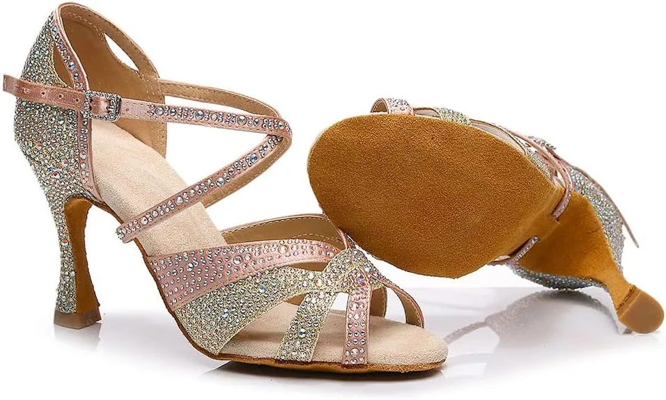 JUODVMP Women's Latin Dance Shoes Satin Ballroom Dancing Shoes Braided Salsa Professional Dance Shoes Model L388