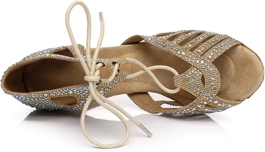 JUODVMP Women's Latin Dance Shoes with Rhinestone Peep Toe Lace Up Ballroom Salsa Tango Practice Performance Dance Shoes,Model YCL452