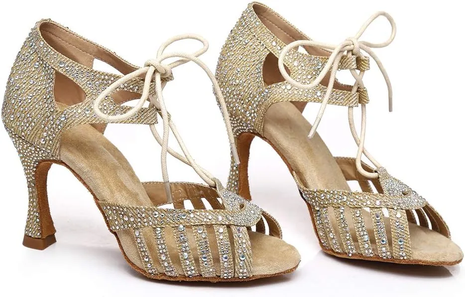 JUODVMP Women's Latin Dance Shoes with Rhinestone Peep Toe Lace Up Ballroom Salsa Tango Practice Performance Dance Shoes,Model YCL452