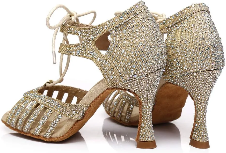 JUODVMP Women's Latin Dance Shoes with Rhinestone Peep Toe Lace Up Ballroom Salsa Tango Practice Performance Dance Shoes,Model YCL452