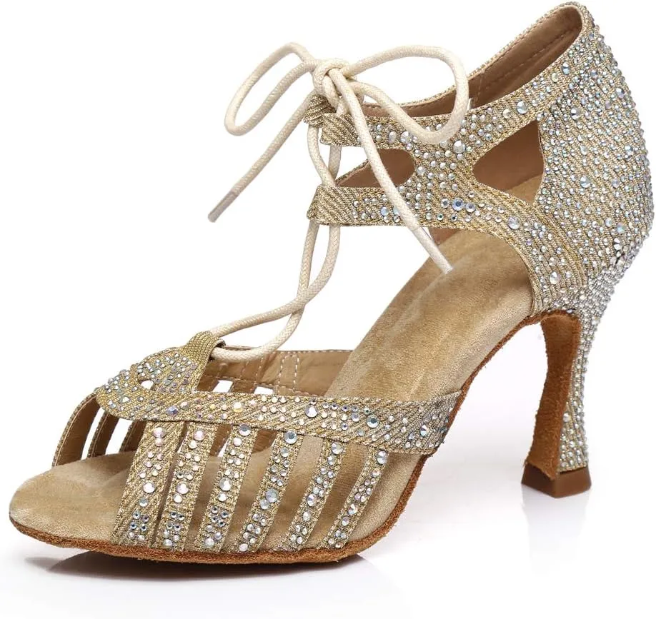 JUODVMP Women's Latin Dance Shoes with Rhinestone Peep Toe Lace Up Ballroom Salsa Tango Practice Performance Dance Shoes,Model YCL452