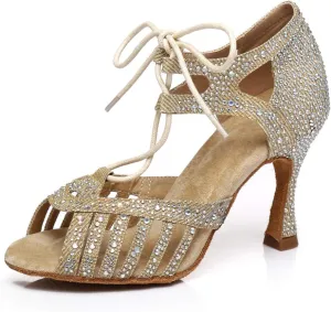 JUODVMP Women's Latin Dance Shoes with Rhinestone Peep Toe Lace Up Ballroom Salsa Tango Practice Performance Dance Shoes,Model YCL452
