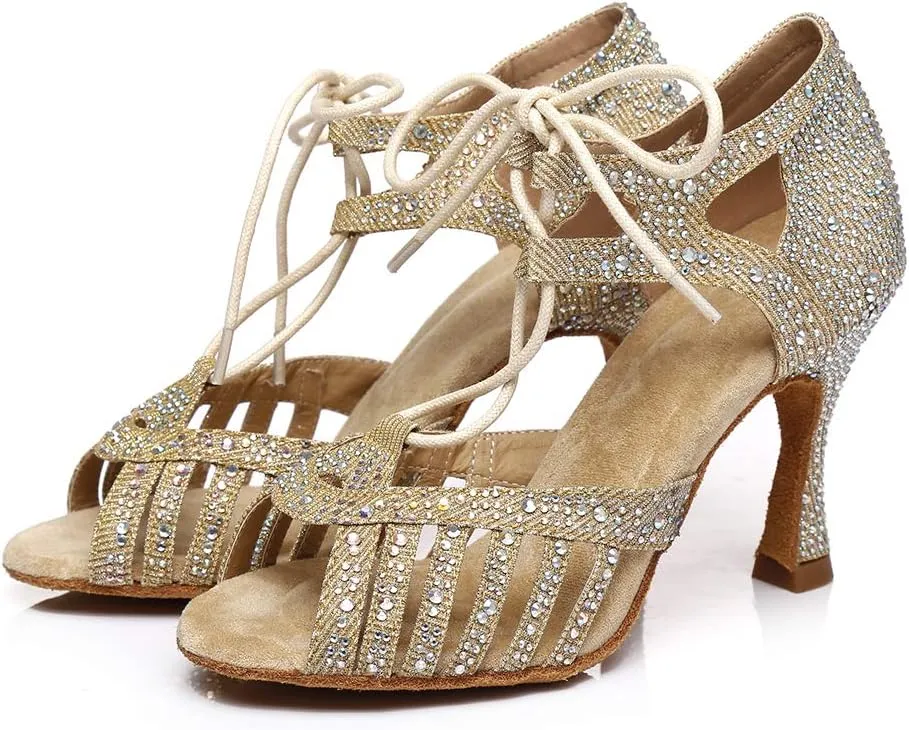 JUODVMP Women's Latin Dance Shoes with Rhinestone Peep Toe Lace Up Ballroom Salsa Tango Practice Performance Dance Shoes,Model YCL452