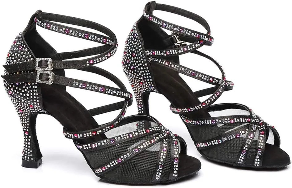 JUODVMP Women's Satin with Rhinestones Multi-Straps Braided Cross-Strap Latin Salsa Dance Performance Shoes Model L373