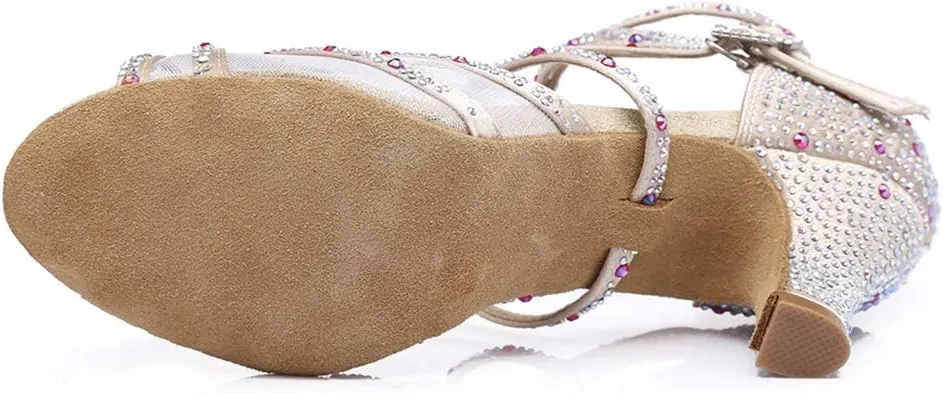 JUODVMP Women's Satin with Rhinestones Multi-Straps Braided Cross-Strap Latin Salsa Dance Performance Shoes Model L373