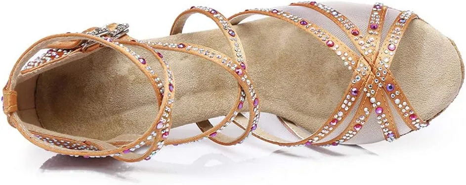 JUODVMP Women's Satin with Rhinestones Multi-Straps Braided Cross-Strap Latin Salsa Dance Performance Shoes Model L373