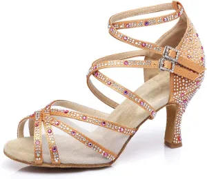 JUODVMP Women's Satin with Rhinestones Multi-Straps Braided Cross-Strap Latin Salsa Dance Performance Shoes Model L373
