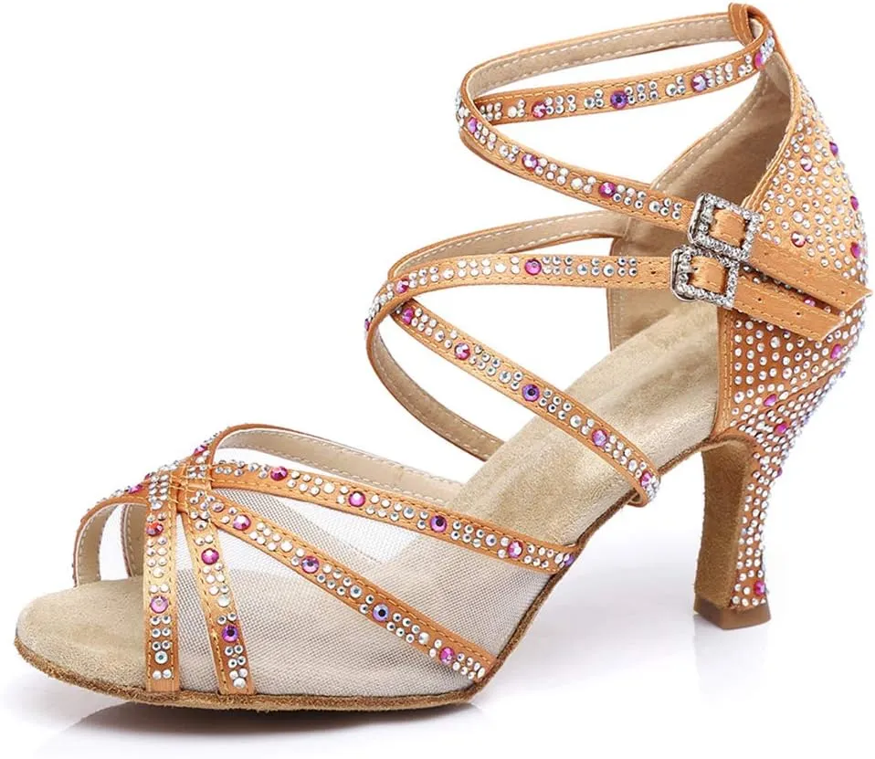 JUODVMP Women's Satin with Rhinestones Multi-Straps Braided Cross-Strap Latin Salsa Dance Performance Shoes Model L373