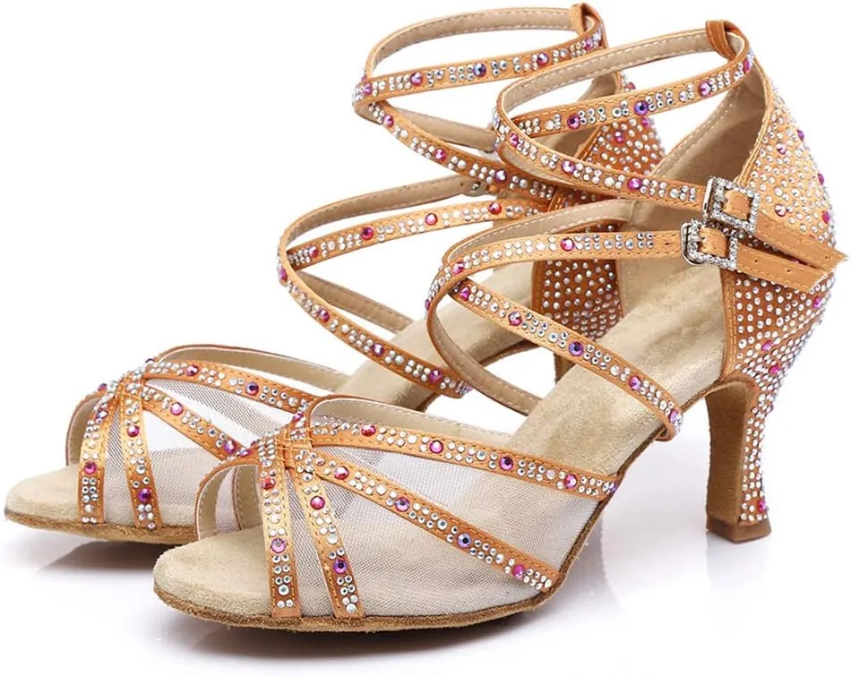JUODVMP Women's Satin with Rhinestones Multi-Straps Braided Cross-Strap Latin Salsa Dance Performance Shoes Model L373