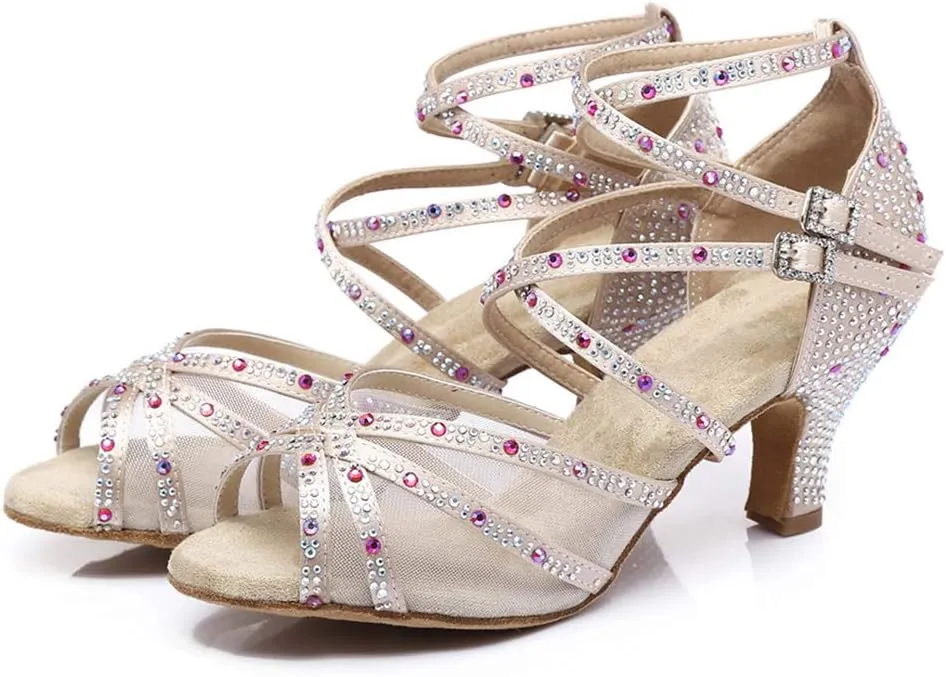 JUODVMP Women's Satin with Rhinestones Multi-Straps Braided Cross-Strap Latin Salsa Dance Performance Shoes Model L373