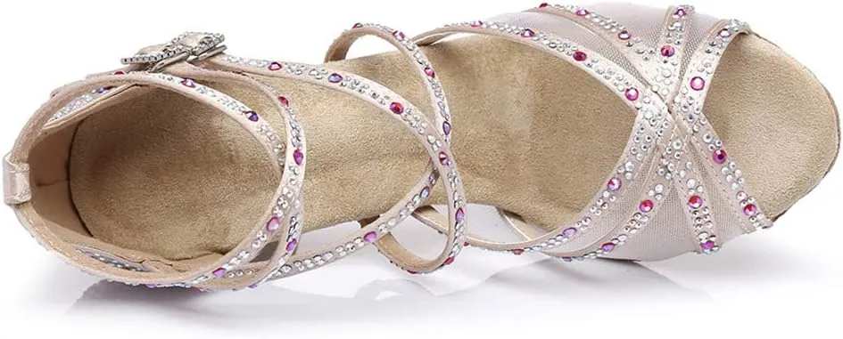 JUODVMP Women's Satin with Rhinestones Multi-Straps Braided Cross-Strap Latin Salsa Dance Performance Shoes Model L373