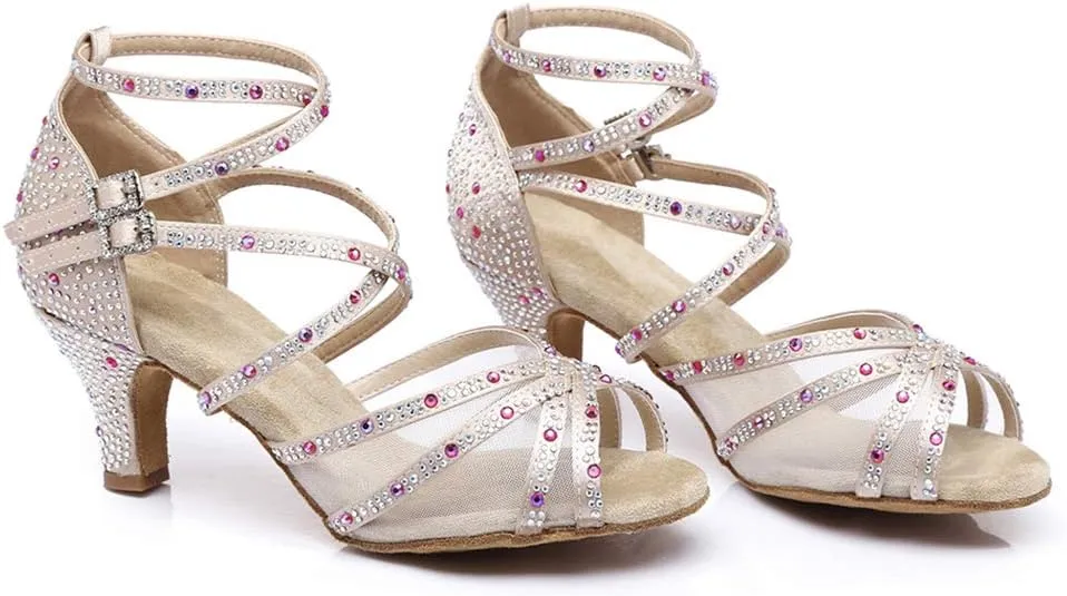 JUODVMP Women's Satin with Rhinestones Multi-Straps Braided Cross-Strap Latin Salsa Dance Performance Shoes Model L373