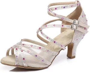 JUODVMP Women's Satin with Rhinestones Multi-Straps Braided Cross-Strap Latin Salsa Dance Performance Shoes Model L373