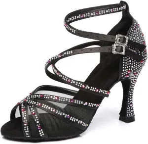 JUODVMP Women's Satin with Rhinestones Multi-Straps Braided Cross-Strap Latin Salsa Dance Performance Shoes Model L373