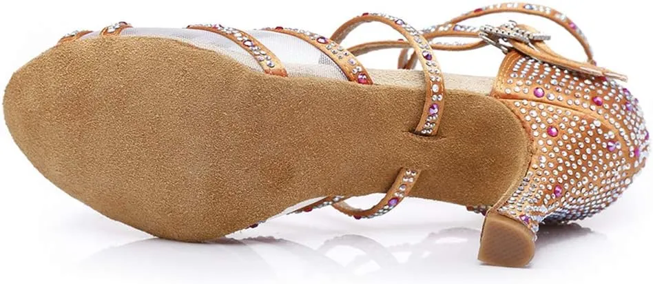 JUODVMP Women's Satin with Rhinestones Multi-Straps Braided Cross-Strap Latin Salsa Dance Performance Shoes Model L373