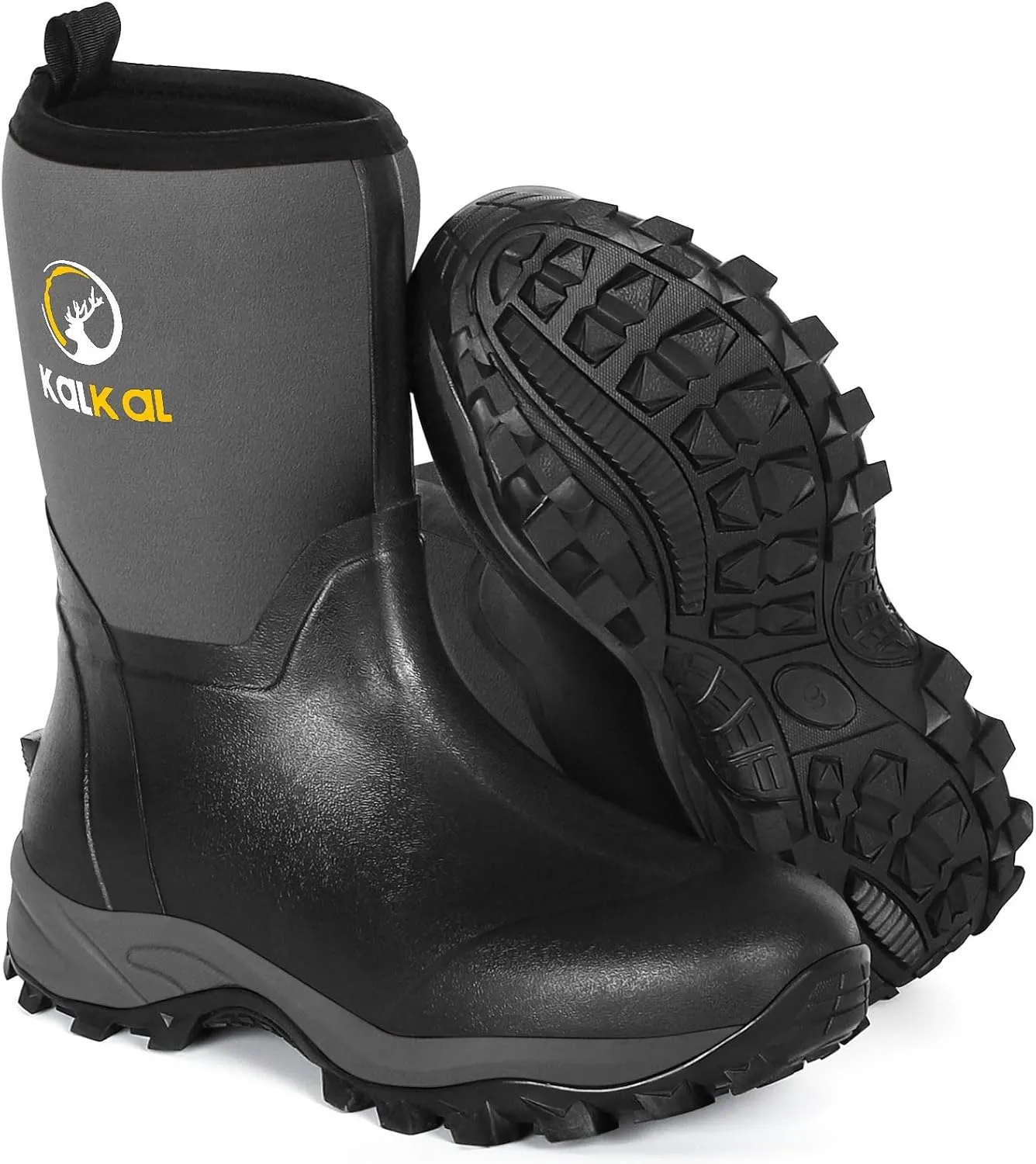 Kalkal Rubber Boots for Men, Waterproof Mid Calf Mens Rubber Rain Boots with 6mm Neoprene, Insulated Work Mud Boots for Men Working Farming Fishing, Size 5-14