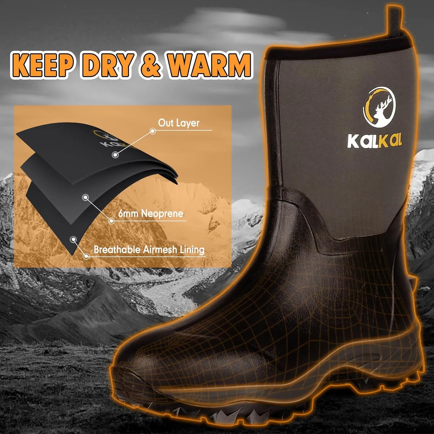 Kalkal Rubber Boots for Men, Waterproof Mid Calf Mens Rubber Rain Boots with 6mm Neoprene, Insulated Work Mud Boots for Men Working Farming Fishing, Size 5-14