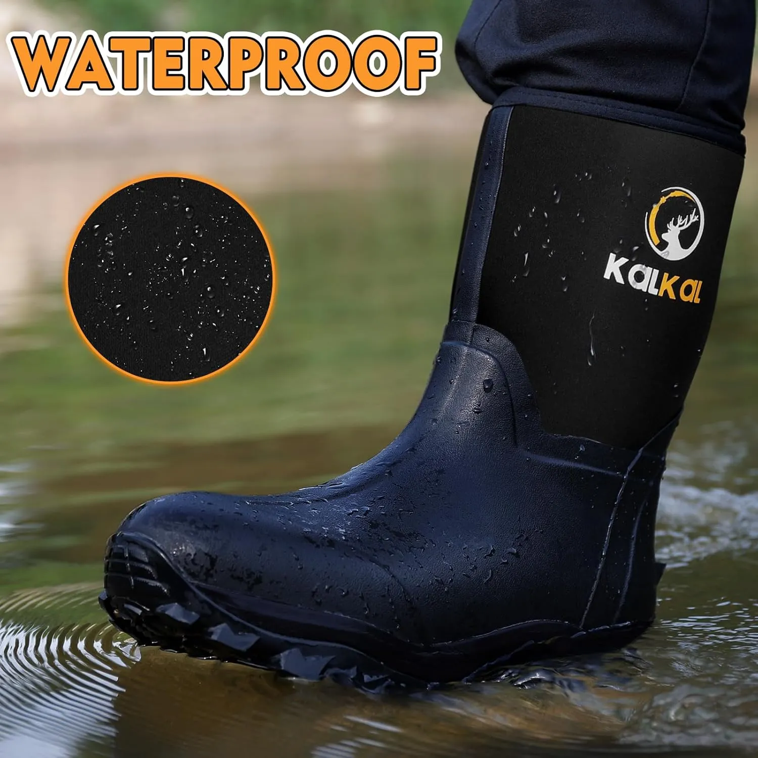Kalkal Rubber Boots for Men, Waterproof Mid Calf Mens Rubber Rain Boots with 6mm Neoprene, Insulated Work Mud Boots for Men Working Farming Fishing, Size 5-14