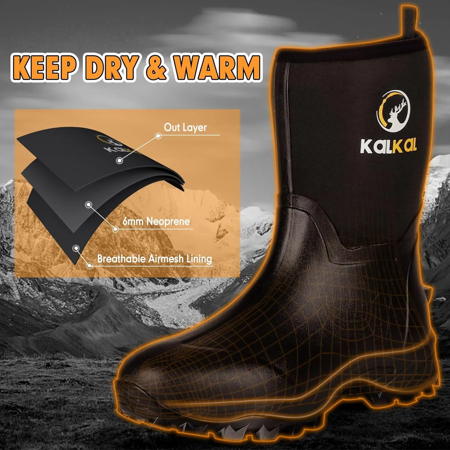 Kalkal Rubber Boots for Men, Waterproof Mid Calf Mens Rubber Rain Boots with 6mm Neoprene, Insulated Work Mud Boots for Men Working Farming Fishing, Size 5-14