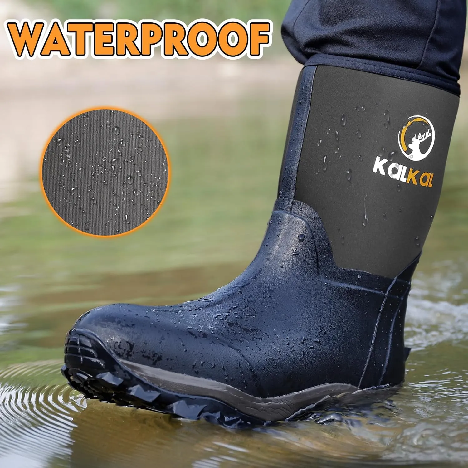 Kalkal Rubber Boots for Men, Waterproof Mid Calf Mens Rubber Rain Boots with 6mm Neoprene, Insulated Work Mud Boots for Men Working Farming Fishing, Size 5-14