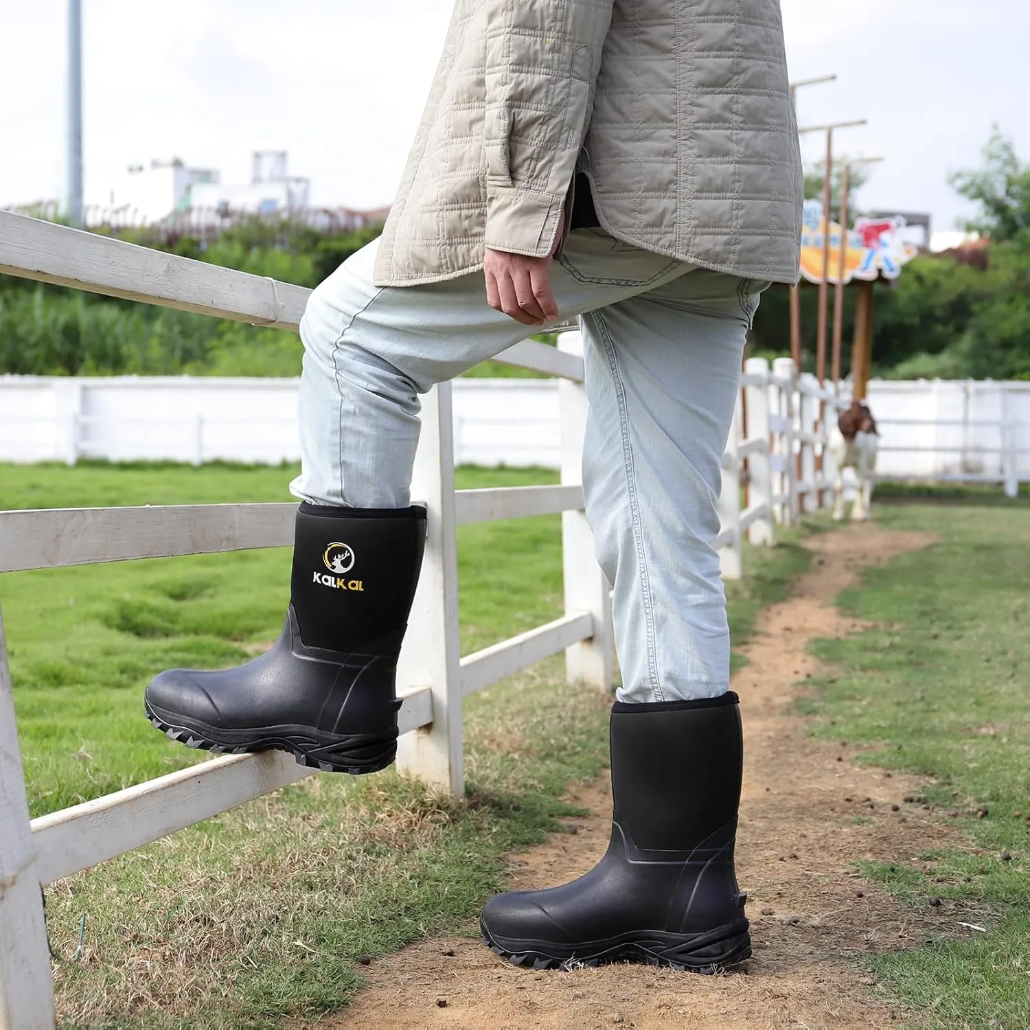 Kalkal Rubber Boots for Men, Waterproof Mid Calf Mens Rubber Rain Boots with 6mm Neoprene, Insulated Work Mud Boots for Men Working Farming Fishing, Size 5-14