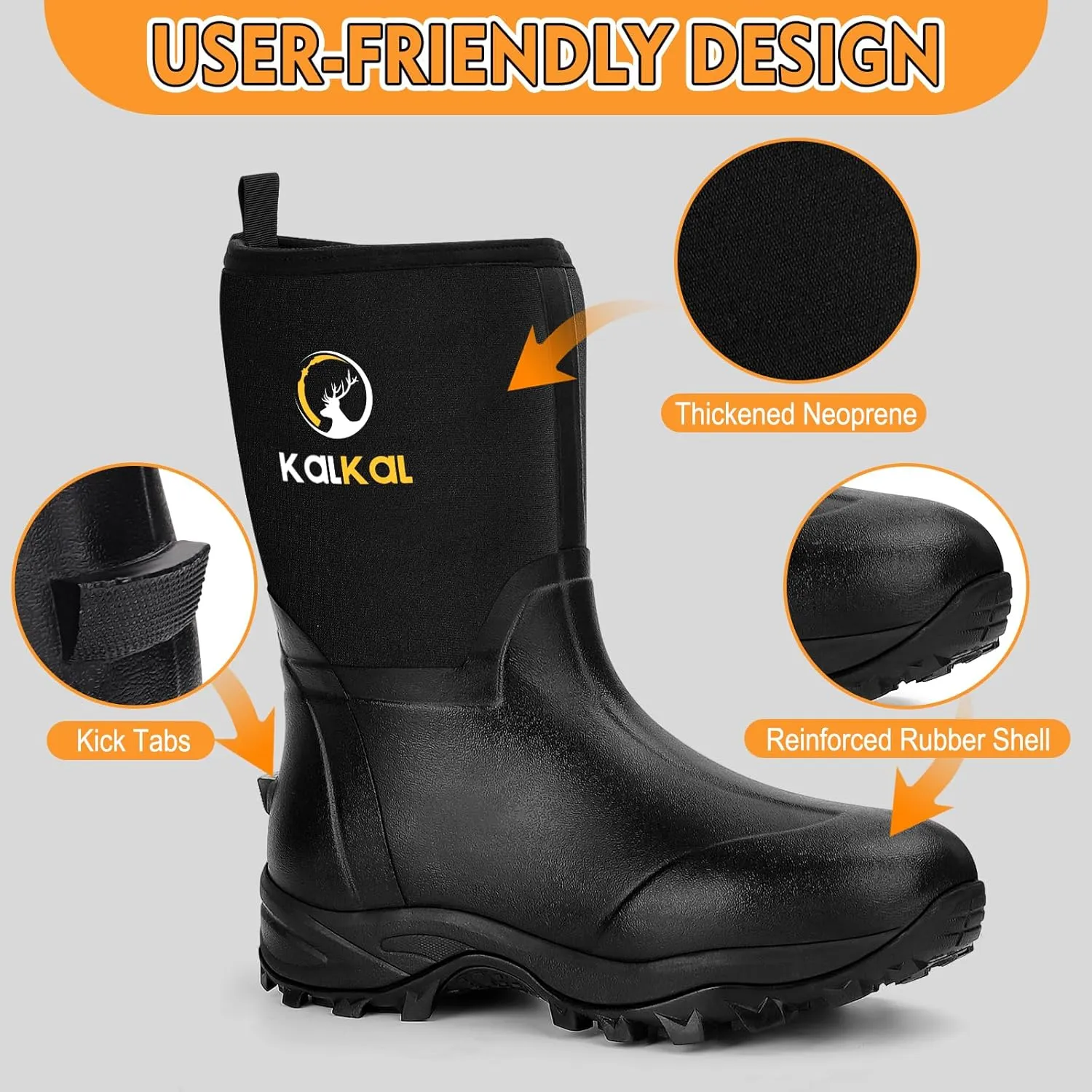 Kalkal Rubber Boots for Men, Waterproof Mid Calf Mens Rubber Rain Boots with 6mm Neoprene, Insulated Work Mud Boots for Men Working Farming Fishing, Size 5-14