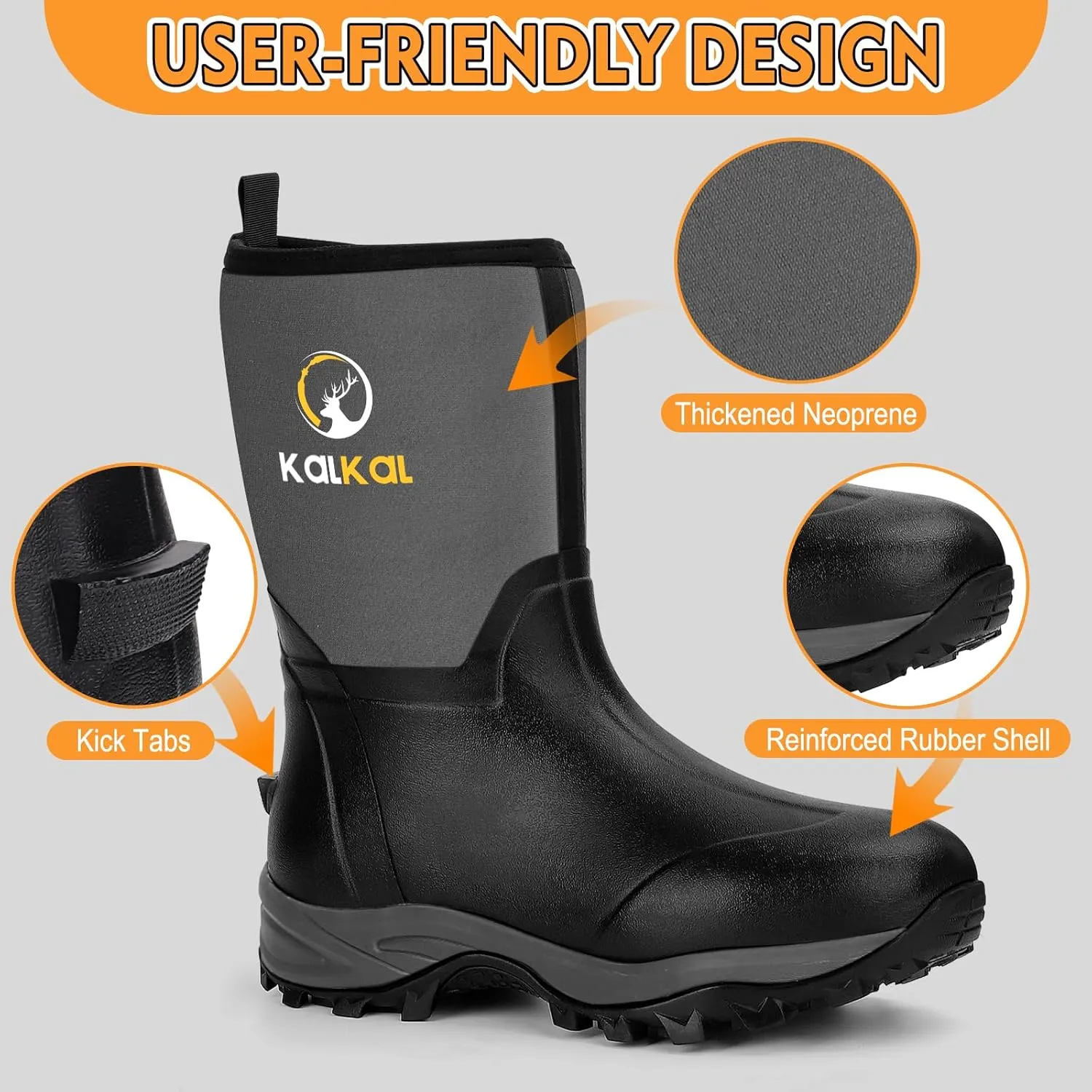 Kalkal Rubber Boots for Men, Waterproof Mid Calf Mens Rubber Rain Boots with 6mm Neoprene, Insulated Work Mud Boots for Men Working Farming Fishing, Size 5-14