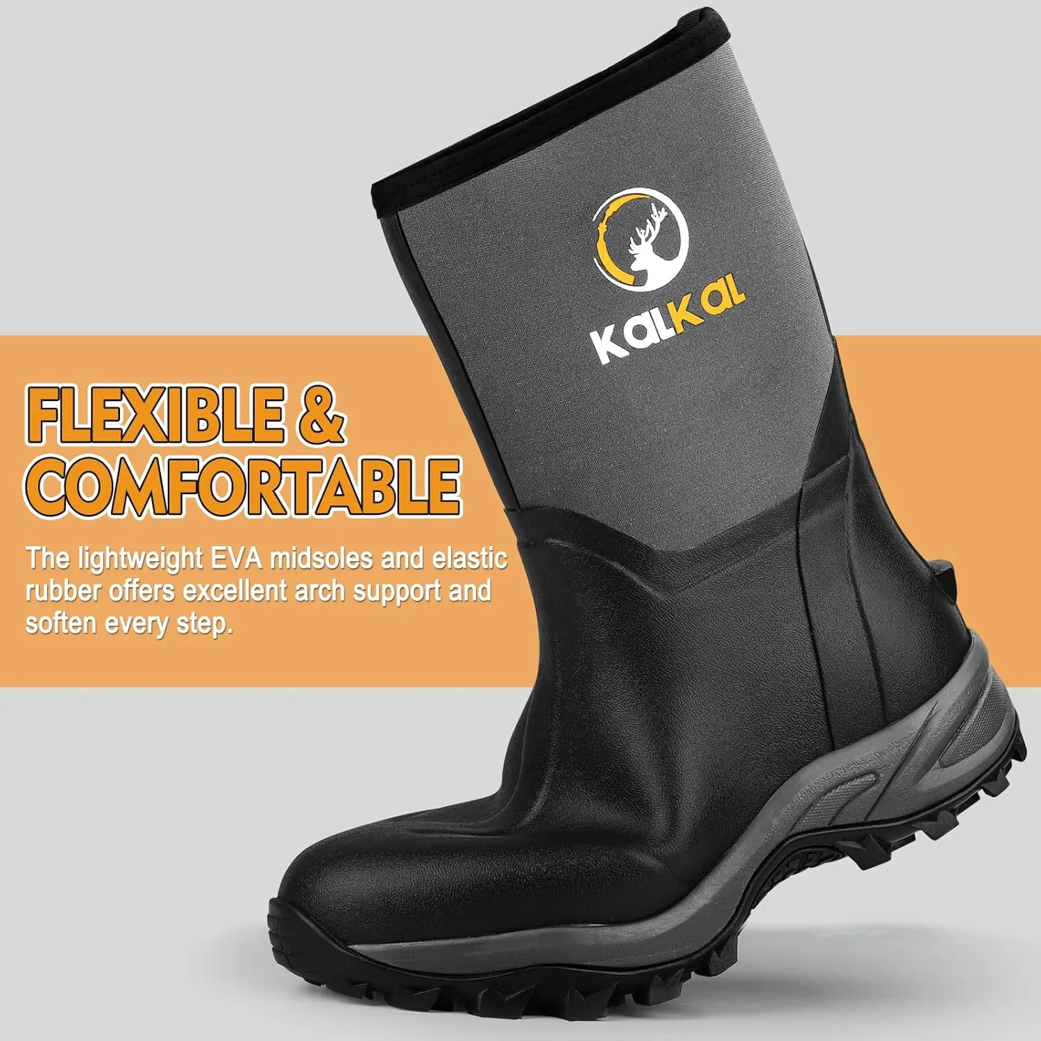 Kalkal Rubber Boots for Men, Waterproof Mid Calf Mens Rubber Rain Boots with 6mm Neoprene, Insulated Work Mud Boots for Men Working Farming Fishing, Size 5-14