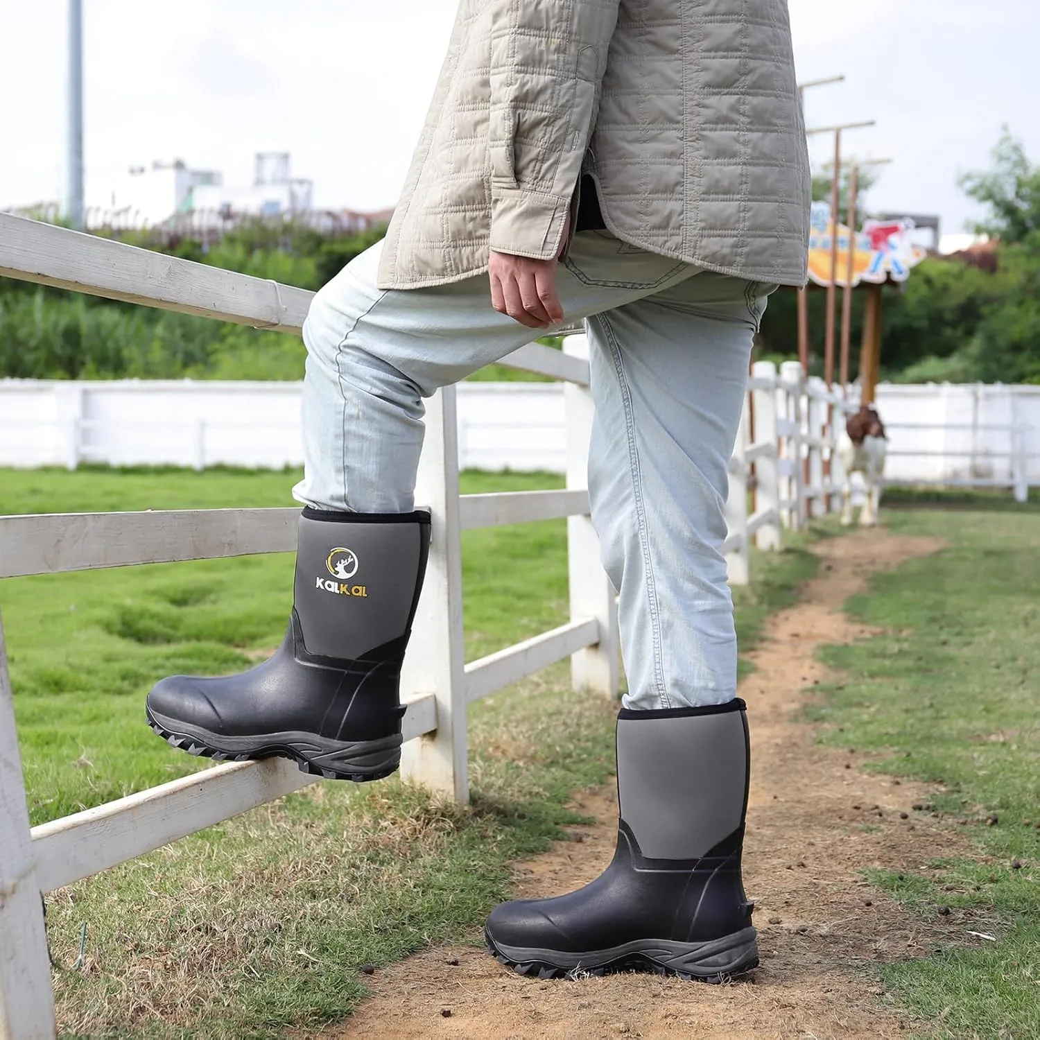 Kalkal Rubber Boots for Men, Waterproof Mid Calf Mens Rubber Rain Boots with 6mm Neoprene, Insulated Work Mud Boots for Men Working Farming Fishing, Size 5-14