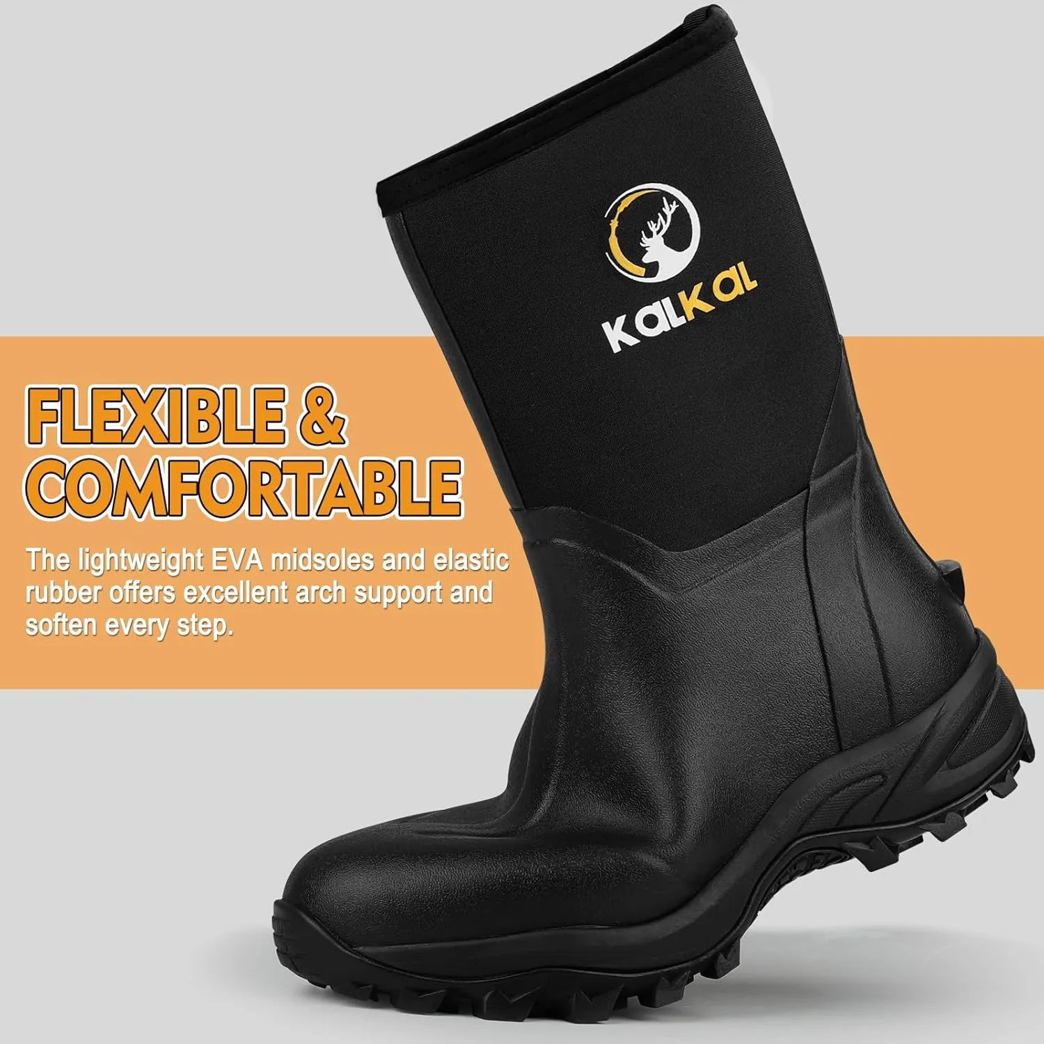 Kalkal Rubber Boots for Men, Waterproof Mid Calf Mens Rubber Rain Boots with 6mm Neoprene, Insulated Work Mud Boots for Men Working Farming Fishing, Size 5-14