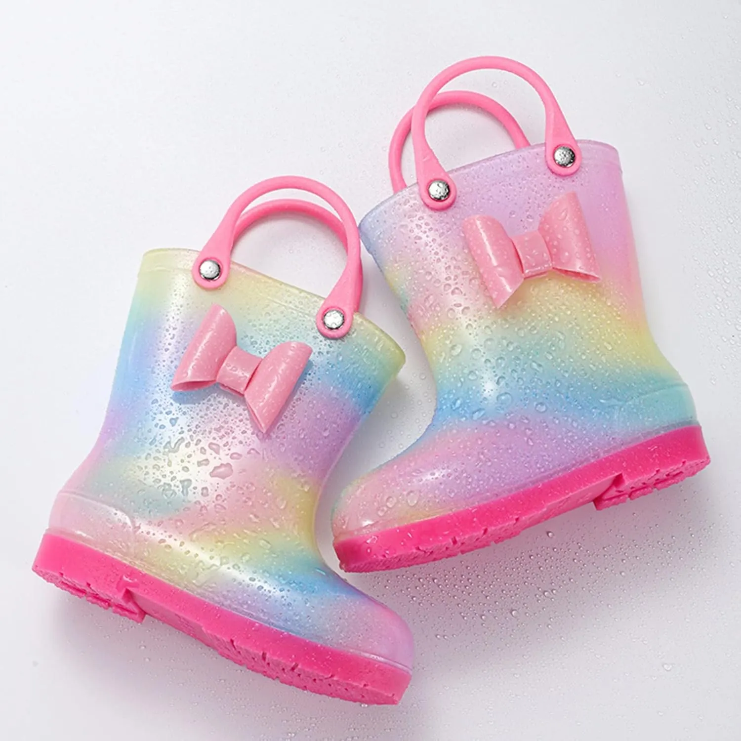 Kids Tie Dye Waterproof Rain Boot with Pull on Handles Toddler Girls Bow Rain Boots Rubber Boots Cute Baby Boy Boots